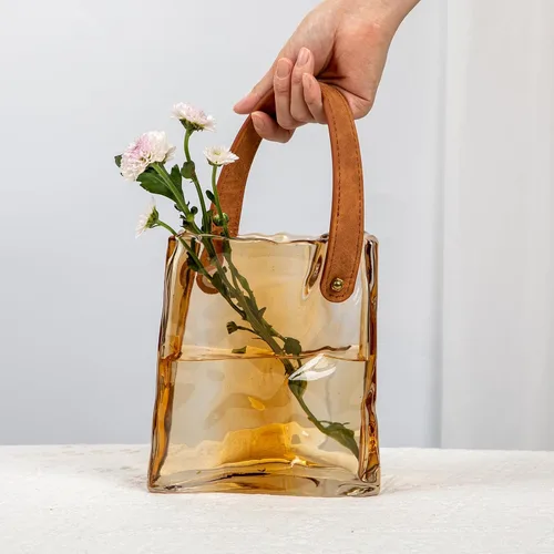 Miniatura 5 de Florero de bolso de cristal para flores, floreros de ámbar para centros de mesa, florero de bolsa de cristal con asa de cuero, floreros pequeños