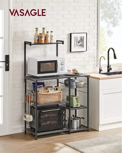 Miniatura 2 de VASAGLE Estante para panadero, soporte para microondas, estante de almacenamiento de cocina con cesta de alambre, 6 ganchos y estantes