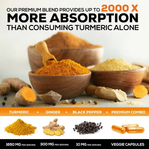 Miniatura 5 de Cúrcuma Curcumina con BioPerine & Jengibre 95% Curcuminoides 1950mg – Pimienta Negra para Absorción, Hecho en Estados Unidos, apoyo inmunológico