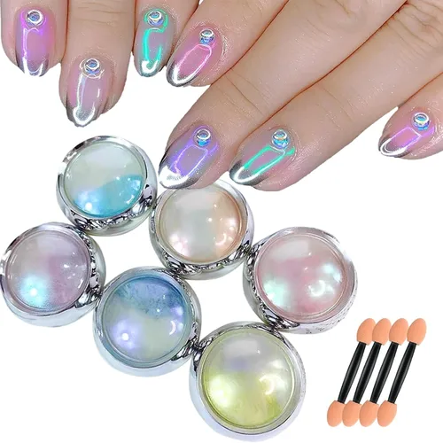 6 frascos de polvo de uñas cromado de sirena, polvo de uñas Aurora iridiscente perla polvo de arte de uñas efecto espejo metálico pigmento purpurina