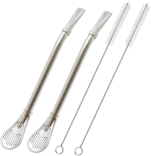 Miniatura 8 de N A Pajitas de acero con cuchara de filtro, paquete de 2 pajitas de té, mate bombilla, barra agitadora de café para té helado, cóctel, con 2