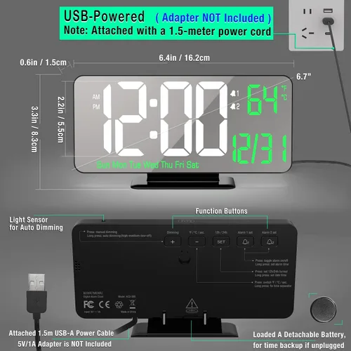 Miniatura 5 de KOSUMOSU Reloj de Escritorio 6.7 pulgadas Reloj Despertador Digital Negro con Alarma Dual, Atenuación, Fecha, Día de la Semana, Temperatura, 12h