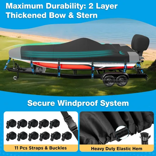 Miniatura 3 de Funda para Barco de 16-18 pies, Funda para Barco Bass 1200D, Fundas para Barco Resistentes e Impermeables con Funda para Motor y Kits de Drenaje