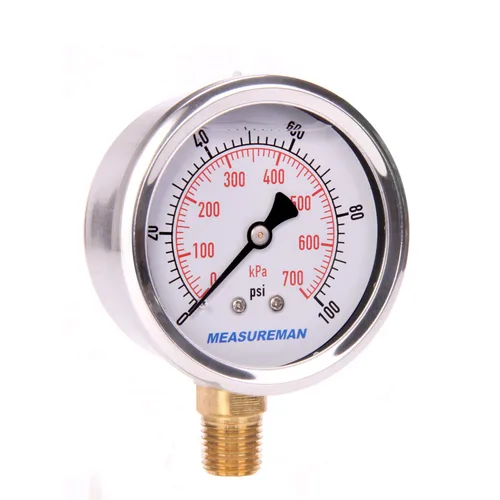 Miniatura 2 de MEASUREMAN - Manómetro de presión 1/4 NPT, manómetro de presión lleno de glicerina 0-100psi/kPa con esfera de 2.5 pulgadas y caja de acero