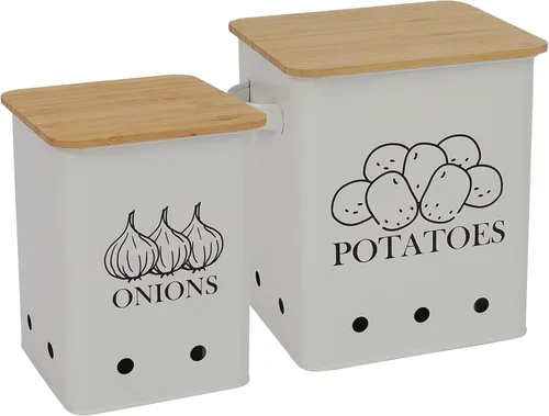 Miniatura 15 de Juego de 2 latas de almacenamiento de verduras de cocina, cebolla y papas con tapa de madera y agujeros de aireación, organizador de contenedor