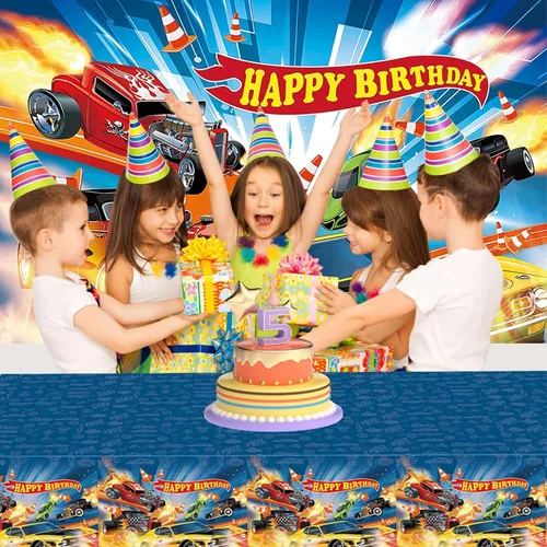 Miniatura 4 de Decoraciones de fiesta de coche de carreras calientes Juego de suministros de cumpleaños con cubierta de mesa de plástico (42.5 x 70.8 pulgadas)