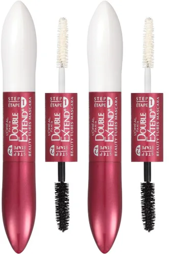 L'Oreal Paris - Máscara de pestañas de doble extensión con tubo, máscara de alargamiento de 2 pasos, a prueba de manchas, negro más negro, paquete