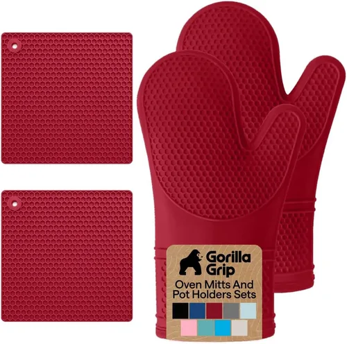 GORILLA GRIP Juego de 4 manoplas de horno de silicona suave sin BPA y soportes para ollas, resistentes al calor, forro de algodón grueso, agarre Rojo