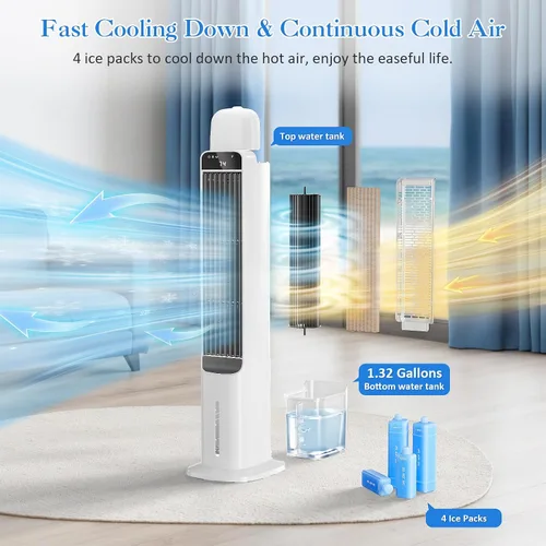 Miniatura 6 de Enfriador de aire evaporativo portátil, ventilador de torre de enfriamiento de pantano 2 en 1 con control remoto, 4 paquetes de hielo, oscilación