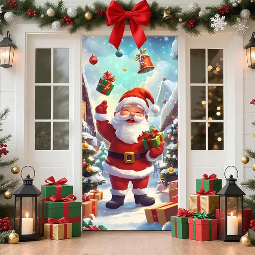 Miniatura 15 de Cubierta de Puerta de Navidad Papá Noel Muñeco de Nieve Árbol de Navidad Corona Pancarta Decoración de Vacaciones de Invierno para Puerta Principal