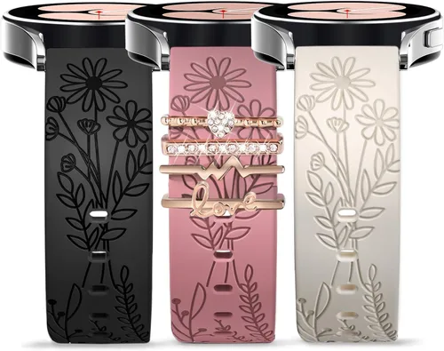 Miniatura 12 de Correas para Samsung Galaxy Watch 7/6/5/4/FE Banda 40mm 44mm con Charms, Correa de Reemplazo de Silicona con Flores Grabadas de 20mm para Mujeres
