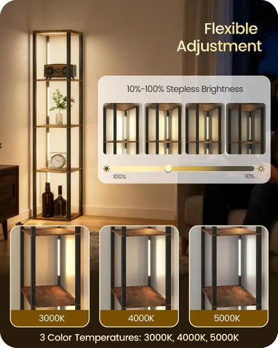 Miniatura 2 de Estante de exhibición de 64.2 pulgadas con luz, lámpara de pie de esquina moderna con estantes, lámpara de pie LED regulable con control remoto