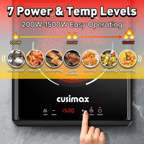 Miniatura 2 de CUSIMAX Placa caliente de 1500 W, estufa eléctrica infrarroja portátil para el hogar con 7 velocidades, sensor de estufa de encimera de cerámica