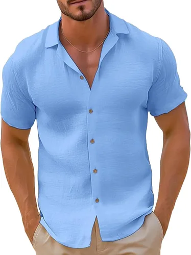 Miniatura 9 de Camisa de guayabera cubana para hombre, estilo casual, con botones, de manga corta, para verano, playa, hippie, color sólido, tops de trabajo