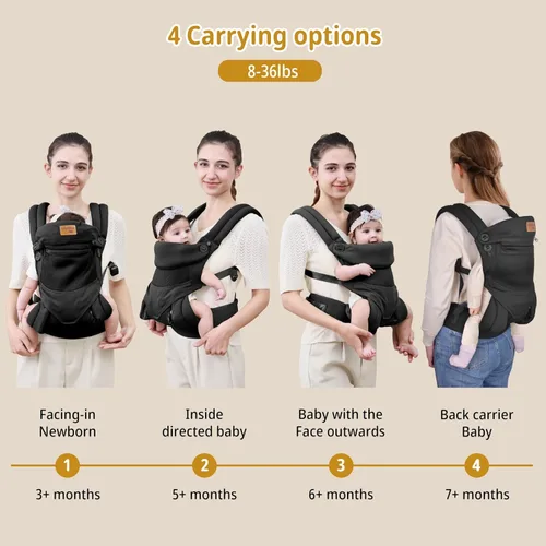 Miniatura 3 de Portabebés para recién nacidos hasta niños pequeños, ergonómico, seguro, suave, transpirable, portabebés para bebés con soporte ajustable