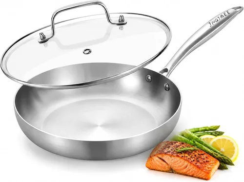 Inqibee Sartén de acero inoxidable de tres capas de 8 pulgadas con tapa, sartén para tortillas, sartén para huevos, sartén, sartén de inducción,