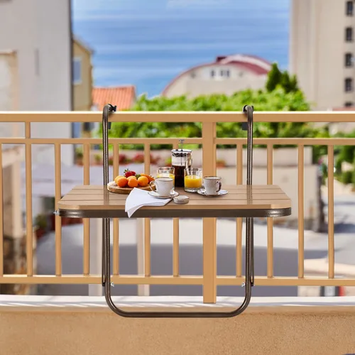 Miniatura 8 de Mesa de barandilla plegable para balcón, mesa de bar para balcón al aire libre, mesas de bar para barandillas colgantes de aluminio ajustable
