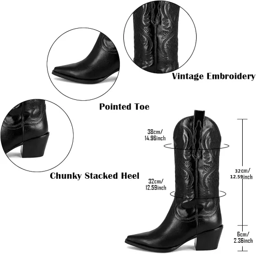 Miniatura 7 de Mattiventon Botas vaqueras para mujer, bordadas, a media pantorrilla, botas vaqueras vintage, botas occidentales