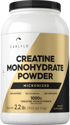 Carlyle Monohidrato de creatina en polvo de 5000 mg | 200 porciones | Sin sabor | 2.2 libras | Suplemento de creatina micronizada | Vegano, sin OMG,
