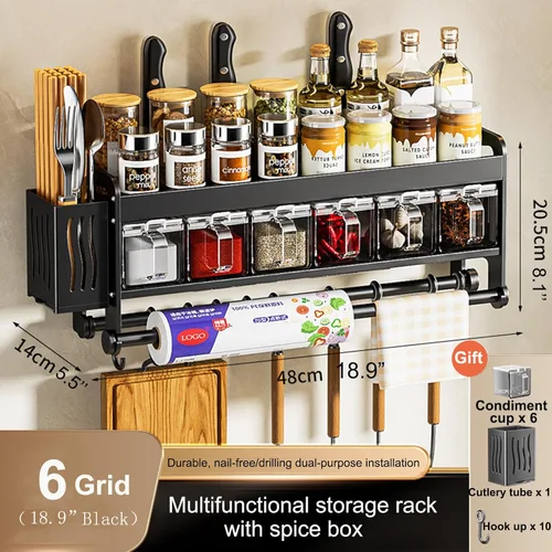 Miniatura 3 de Cuchillo colgante de pared para montaje en pared, taza de condimentos, estante de cuchillos que ahorra espacio con ganchos, organizador de cocina