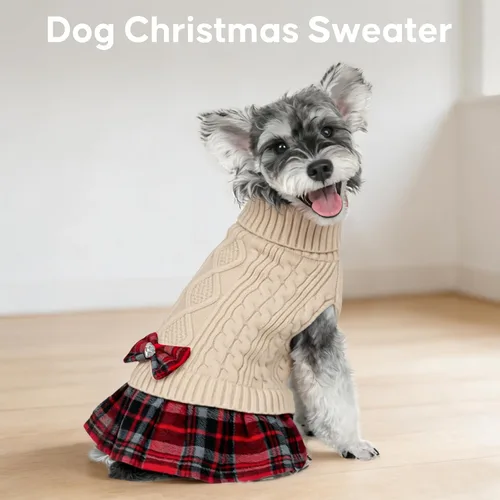 Miniatura 3 de Kyeese Suéter de perro vestido a cuadros con cuello alto para perro, suéter de punto para mascotas para otoño e invierno