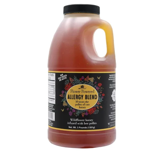 HONEY FEAST Miel de mezcla de alergia de 3 libras – Miel americana premium, origen floridano, cruda y sin filtrar, contenido de polen mejorado,