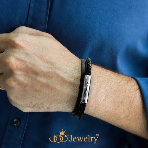 Miniatura 2 de 555Jewelry - Pulsera magnética de acero inoxidable con capas de cordón de cuero trenzado