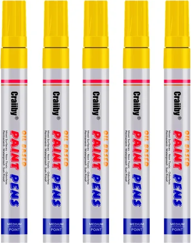 Marcadores de pintura amarillos, paquete de 5 bolígrafos de pintura permanente a base de aceite, impermeables, de secado rápido, para pintura de