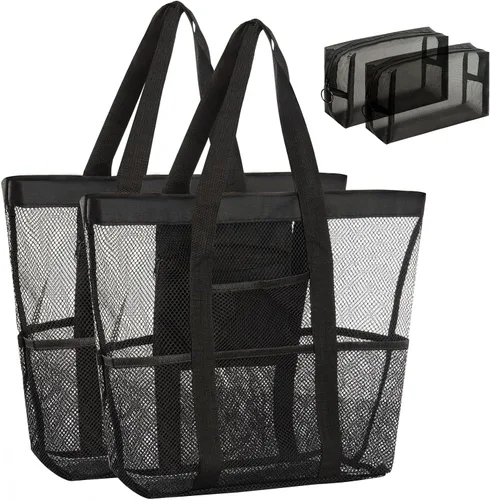 Bolsa de playa de malla, bolsa de playa para mujer, impermeable, a prueba de arena, con bolsa de maquillaje de malla, artículos esenciales para