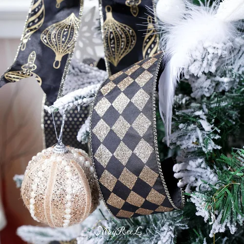 Miniatura 5 de MAYREEL Cinta de Navidad negra y dorada de 2.5 pulgadas con alambre para árboles de Navidad, coronas, adornos para la copa del árbol, manualidades