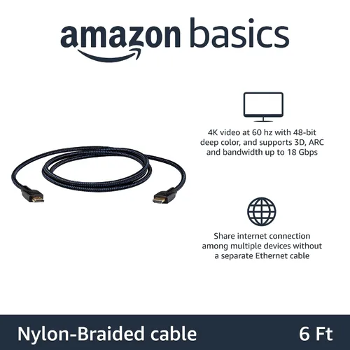 Miniatura 2 de Amazon Basics Cable HDMI de 6 pies, cable HDMI 2.0 4K (18 Gbps), trenzado de nailon, 4K @60Hz, 2160p, 48 bits, compatible con TV/PS5/Xbox/Roku, Negro