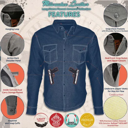 Miniatura 3 de Milwaukee Leather MPM1620 - Camisa de motociclista de franela negra para hombre con armadura aprobada por CE - Reforzada con fibras de aramida