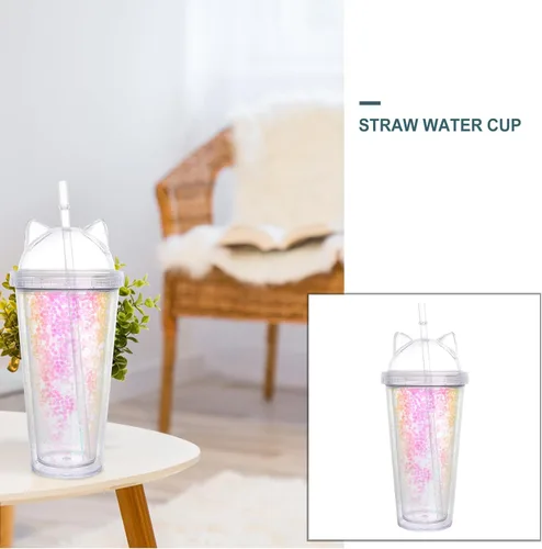 Miniatura 8 de UPKOCH Vaso de agua de doble pared con forma de oreja de gato, vaso de paja de plástico con lentejuelas, elegante botella de bebida reutilizable