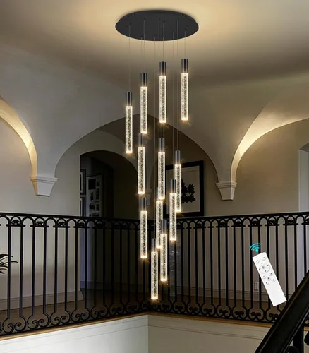 Miniatura 5 de HAIXIANG Candelabro de techo alto de 118 pulgadas, colgantes lineales de cristal, regulables remotos, techos inclinados compatibles, negro mate