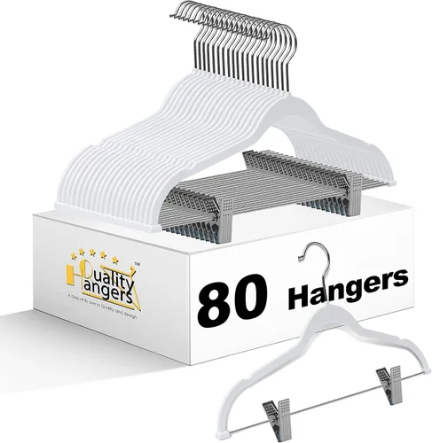 Miniatura 19 de Paquete de 80 perchas de plástico de calidad negra no aterciopeladas, no flocadas, compactas con clips de metal para faldas, pantalones, blusas