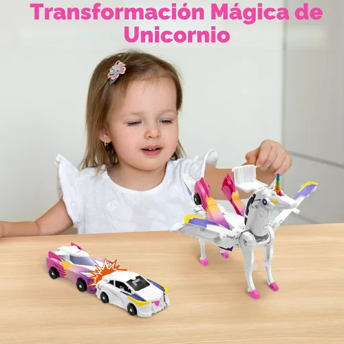 Miniatura 4 de Intoypad Coches de Juguete Transformables de Colisión de Unicornio para Niñas y Niños, 2 Coches Magnéticos que se Transforman en Coches Robot Rosa