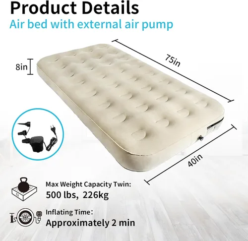 Miniatura 2 de Colchón de aire tamaño individual con bomba de inflado rápido, colchón inflable de parte superior ondulada, cama de aire duradera para el hogar