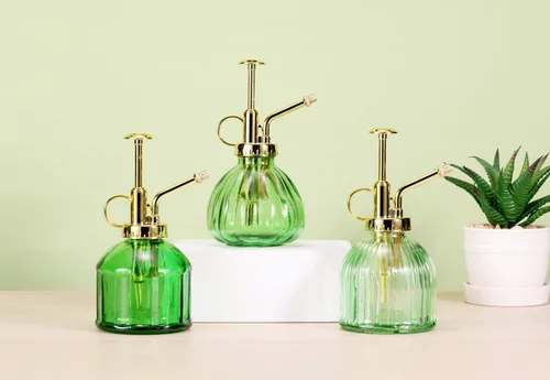 Miniatura 6 de Botella pulverizadora de vidrio para plantas, botella de rociador de agua de vidrio verde de 6.5 pulgadas con bomba superior dorada, regadera