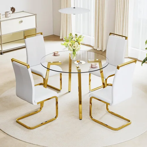 Miniatura 9 de Juego de mesa de comedor gopop de 5 piezas para 4, juego de mesa de comedor redonda de vidrio para 4, mesa de vidrio templado con 4 sillas