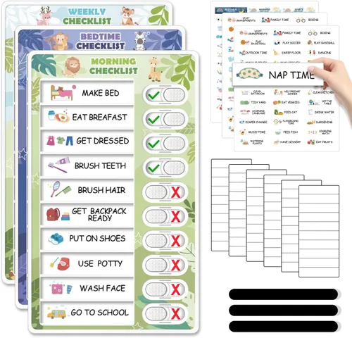 Miniatura 12 de Tabla de rutina de 3 en 1 para dormir/mañana/semana para niños, tabla de tareas magnética para niños pequeños, horario visual para niños, tabla