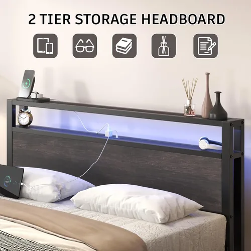 Miniatura 6 de E-Motie Base de cama de tamaño matrimonial con luces LED y estación de carga, cabecera de almacenamiento de madera con estantes de 2 niveles