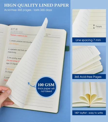 Miniatura 6 de PERCUN Cuaderno rayado A4, 365 páginas de tamaño grande de cuero para escribir para mujeres y hombres, cuaderno de tapa dura con páginas gruesas