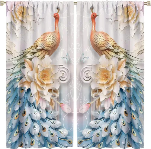 Miniatura 37 de Cortina opaca con estampado de pavo real, con estampado de animales retro, con bolsillo para cortinero y flores de peonía doradas, para dormitorio