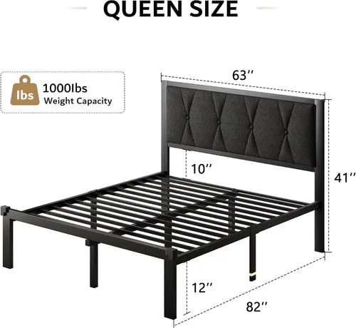 Miniatura 2 de iPormis - Base de cama Queen de metal, base de cama tapizada con botones y cabecera de plataforma, soporte de listones resistentes, 30 cm