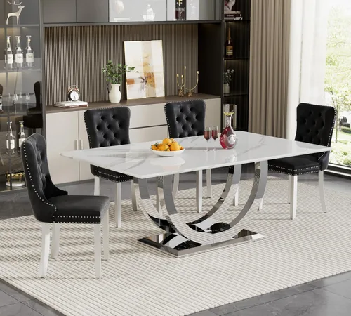 Miniatura 17 de Juego de mesa de comedor de 5 piezas para 4, mesa de cocina de mármol negro de 68 pulgadas con 4 sillas beige, mesa de comedor rectangular moderna