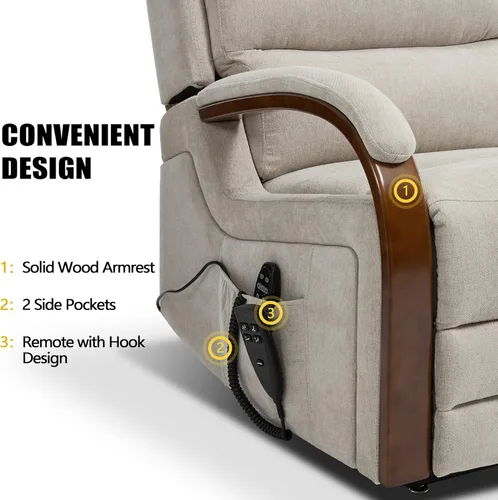 Miniatura 7 de Silla reclinable eléctrica para personas mayores, silla elevadora de doble motor con masaje por vibración y calor, reclinable plano con reposabrazos