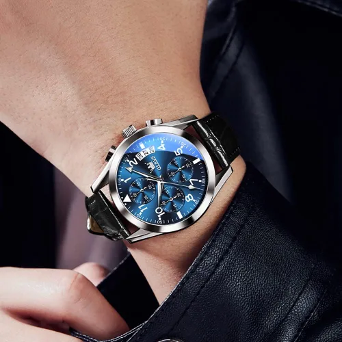 Miniatura 3 de OLEVS Relojes de hombre de cuero marrón con fecha, relojes casuales para hombre, relojes de cara grande para hombre, cronógrafo para hombre, reloj