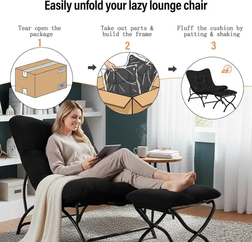 Miniatura 7 de Tiita - Silla acentuada perezosa con otomana, cómoda silla de ocio con estructura metálica y tela de felpa, silla reclinable acogedora con asiento