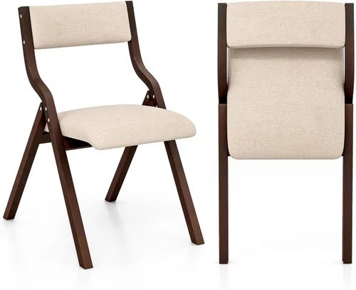 Giantex - Juego de 2 sillas de comedor plegables, sin necesidad de ensamblaje con asientos acolchados de lino, sillas plegables de madera para