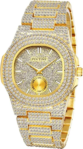 Gosasa Reloj de pulsera unisex de cristal para hombre y mujer, reloj cubano con brillo completo, oblongo de plata/oro, reloj de pulsera de acero